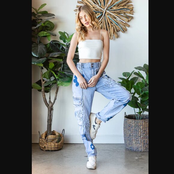 B1093 OLI & HALI Blue Daisy Patchwork Cargo Denim Jeans - Picture 2 of 6